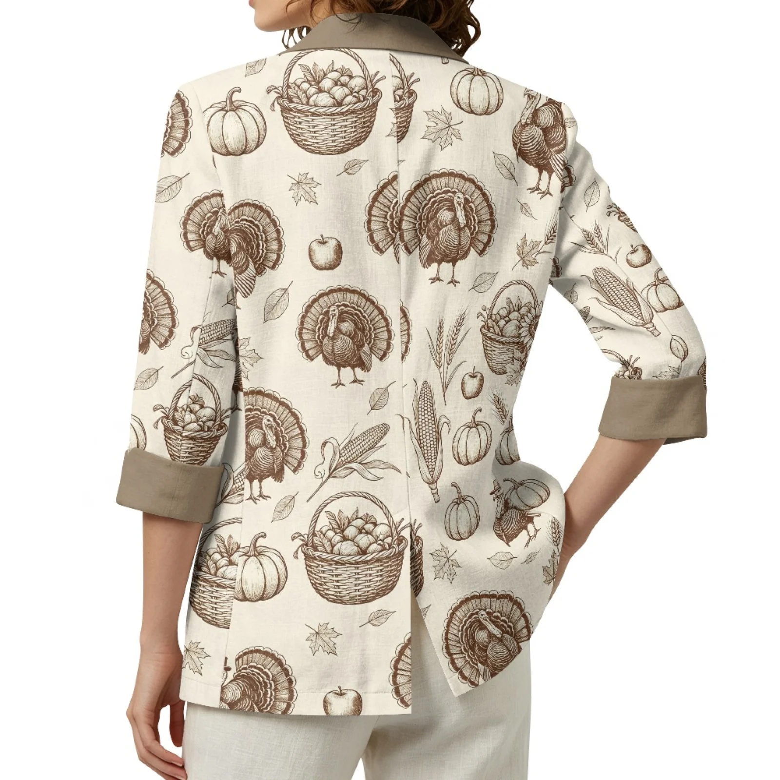 PENSTROLL Thanksgiving Turkey Linen Style Outerwear Versatile Outerwear for Female 3/4 Sleeve Business Jacket