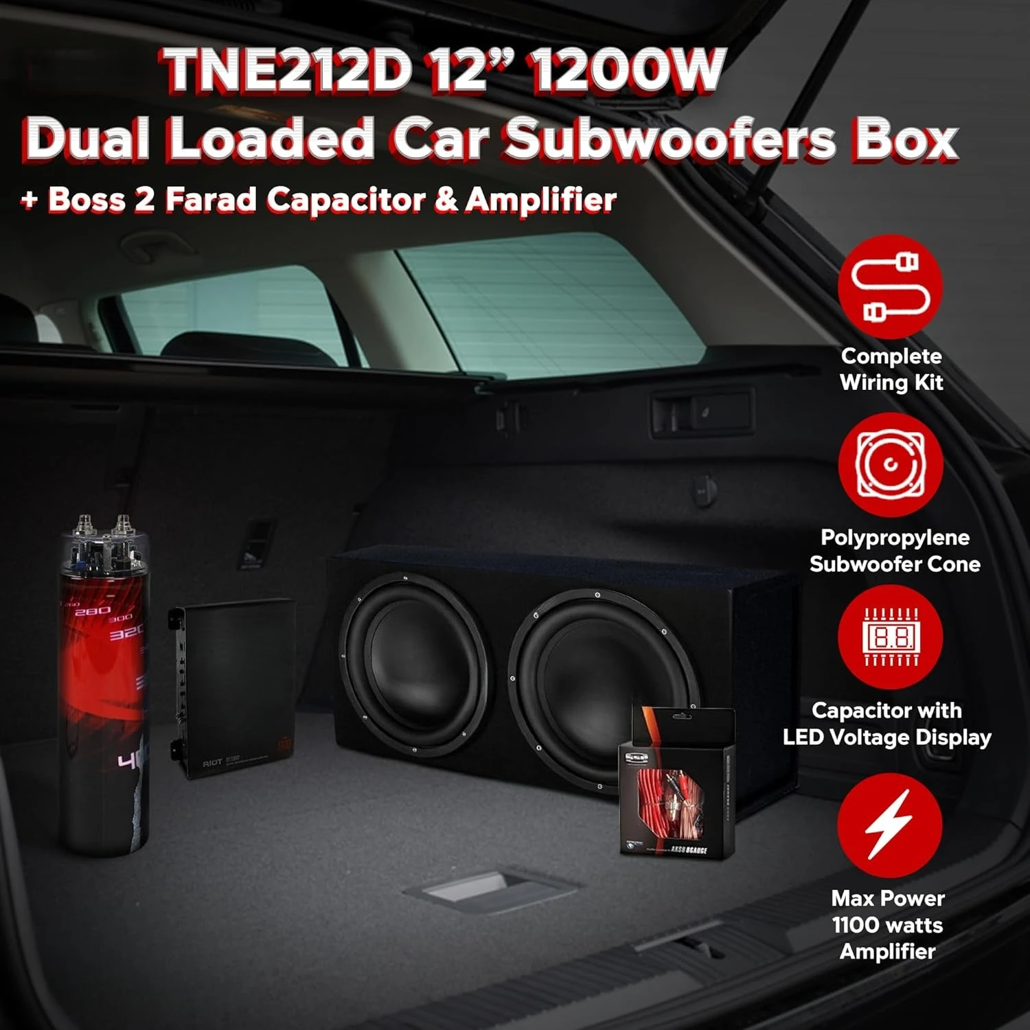 Paquete de subwoofer de audio para coche de doble carga, 12 pulgadas, 1200 vatios, 4 ohmios, con subcaja, amplificador Mono A/B Boss 1100W, kit de cableado