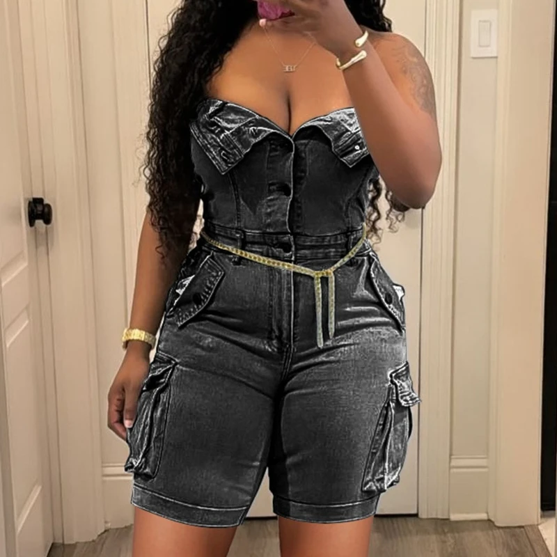 Damen Denim Jumpsuits Einteiler Trägerlos Ärmellos Jeans Overalls Hosen Strampler Y2k Streetwear Kurze Jumpsuits mit Taschen