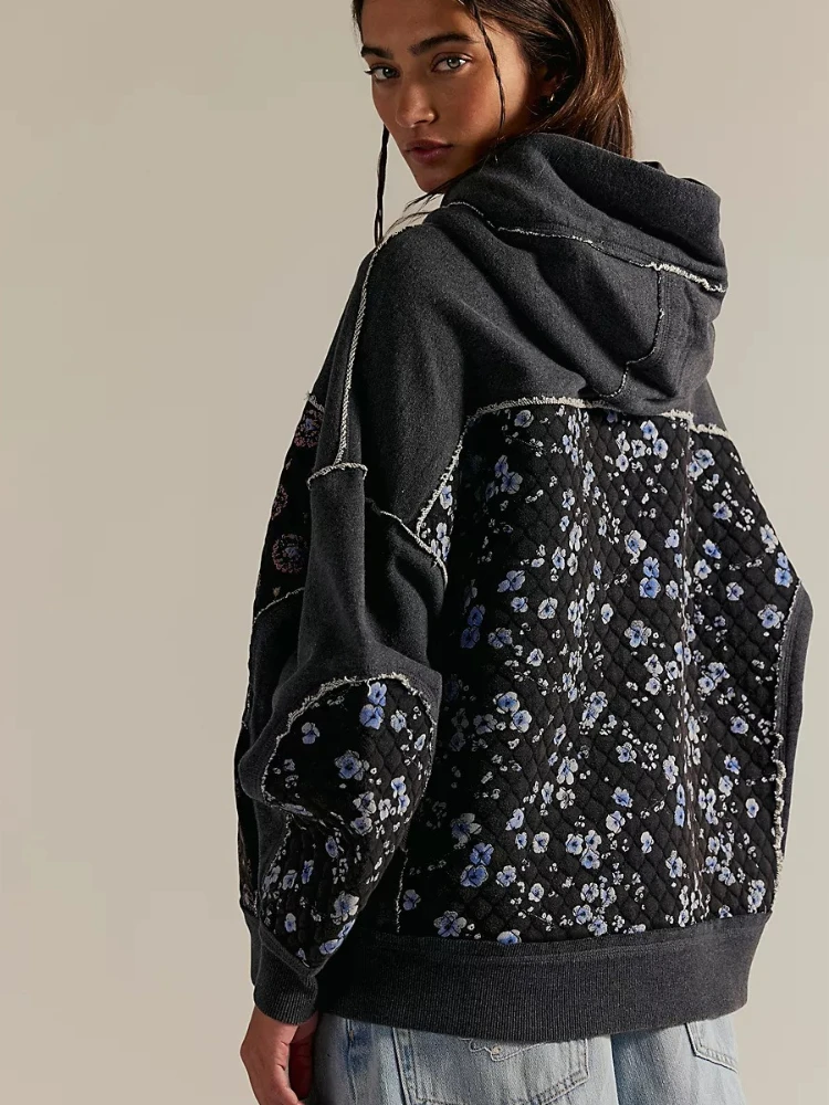 خريف شتاء 2025 جديد المرأة هوديس التطريز المرقعة البلوز البلوز ملابس الشارع الشهير كم طويل طباعة المتضخم القمم #5