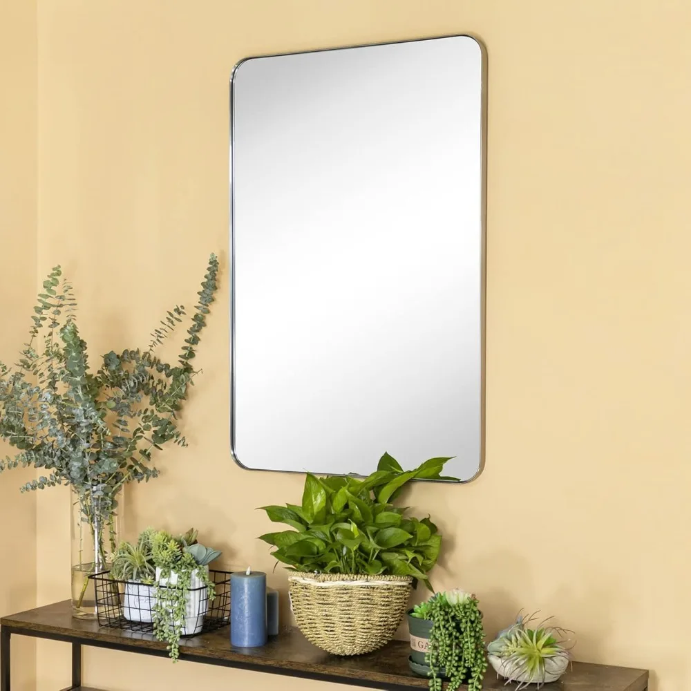 

24x36'' Brushed Nickel Metal Framed Bathroom Mirror for Wall in Stainless Steel Rounded Rectangular Bathroom Vanity