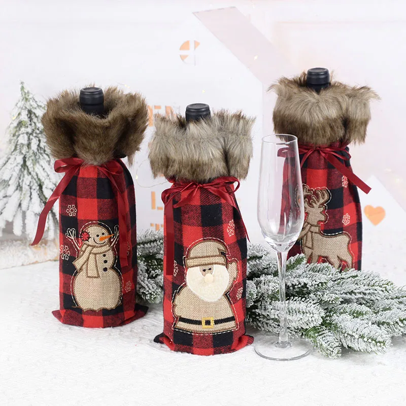 Christmas Red Wine Champagne Bag Family Dinner Party Table Decoration Santa Claus Snowman Elk Print Christmas Decoraion Articles