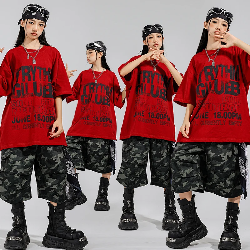 Ragazzi Hip Hop T-shirt allentata Pantaloncini mimetici Street Dance Ragazze K-pop Cargo Jogging Costume jazz Abbigliamento per bambini Set Kid Streetwear