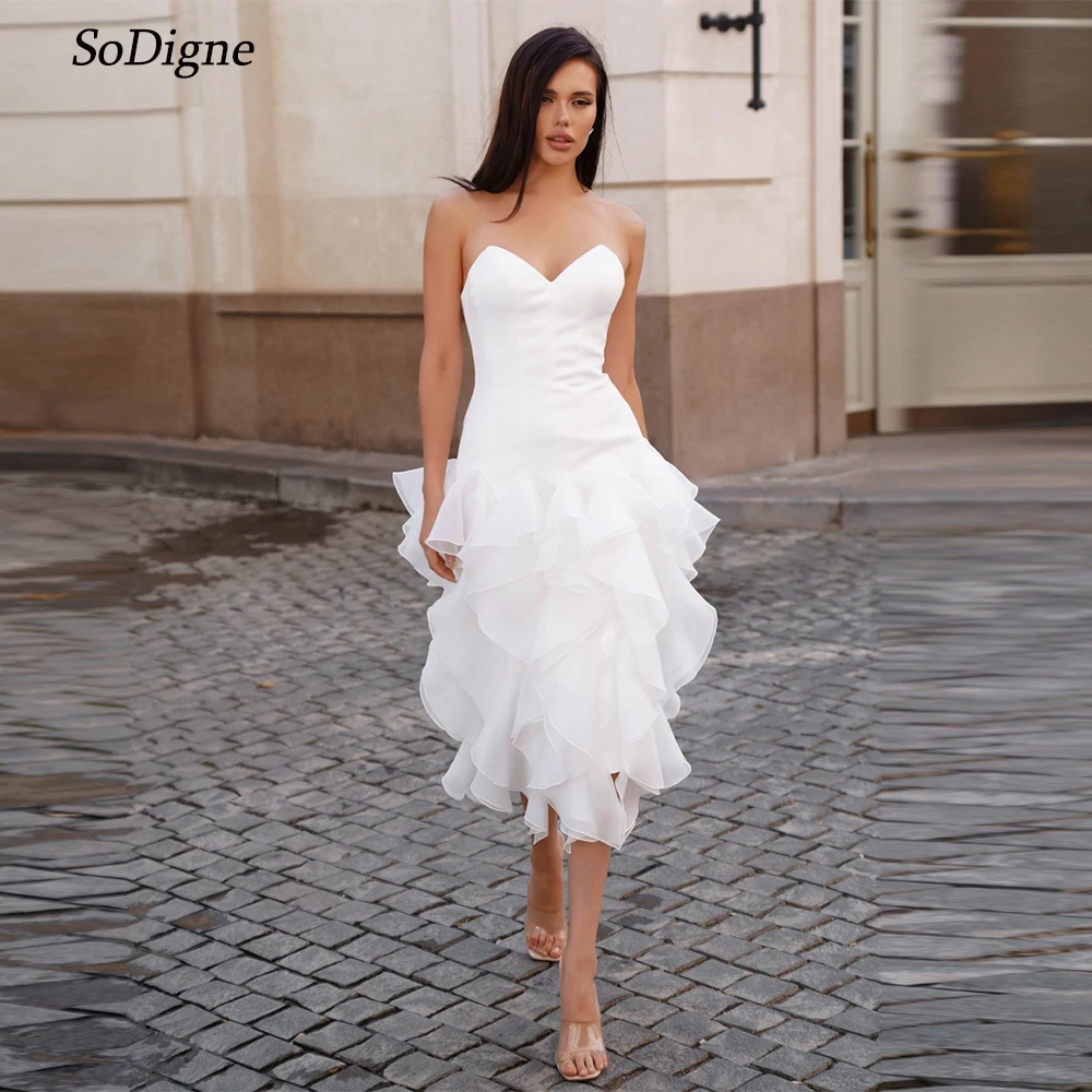 

SoDigne A-line Satin Wedding Dresses Sweetheart Sleeveless Ruffles Bridal Dress for Women Tea-length Wedding Gown Customized