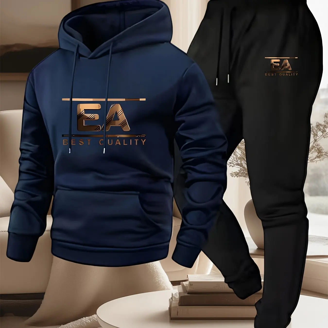mens outfits  print hooded sweatshirt and sweatpants soft and comfortable thin velvet warm sweatpants set autumn and winter view 5