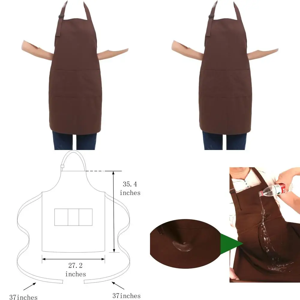 

Brown Professional Water-Resistant Long Bib Apron with 3 Pockets for Kitchen, Garden, and Restaurant Use by Chefs and Bakers