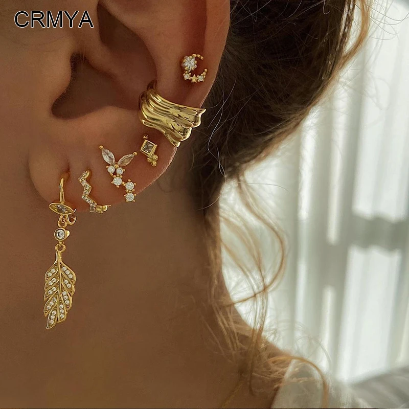 CRMYA Gold Plated Earrings Set Boho Style Cubic Zirconia Ear Cuff Stud Hoop Leaf Women's Dangle Earrings 2022 Jewelry Wholesale