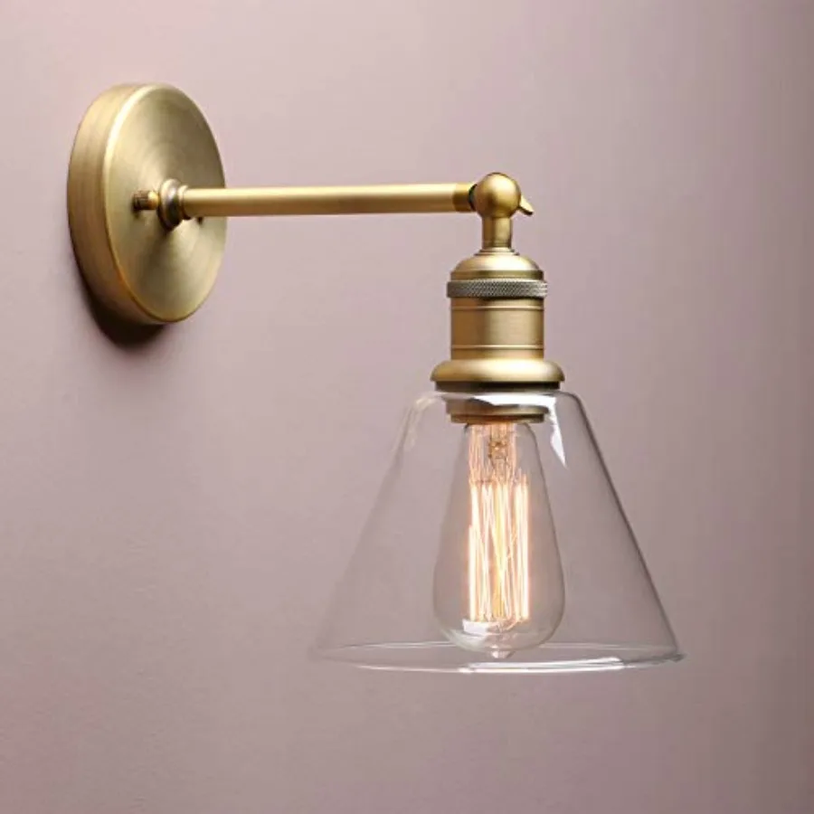

Indoor Wall Sconce Fixture Light 1-Light Modern Single Brass Vintage Industrial Hardwired with Funnel Flared Clear Glass Shade