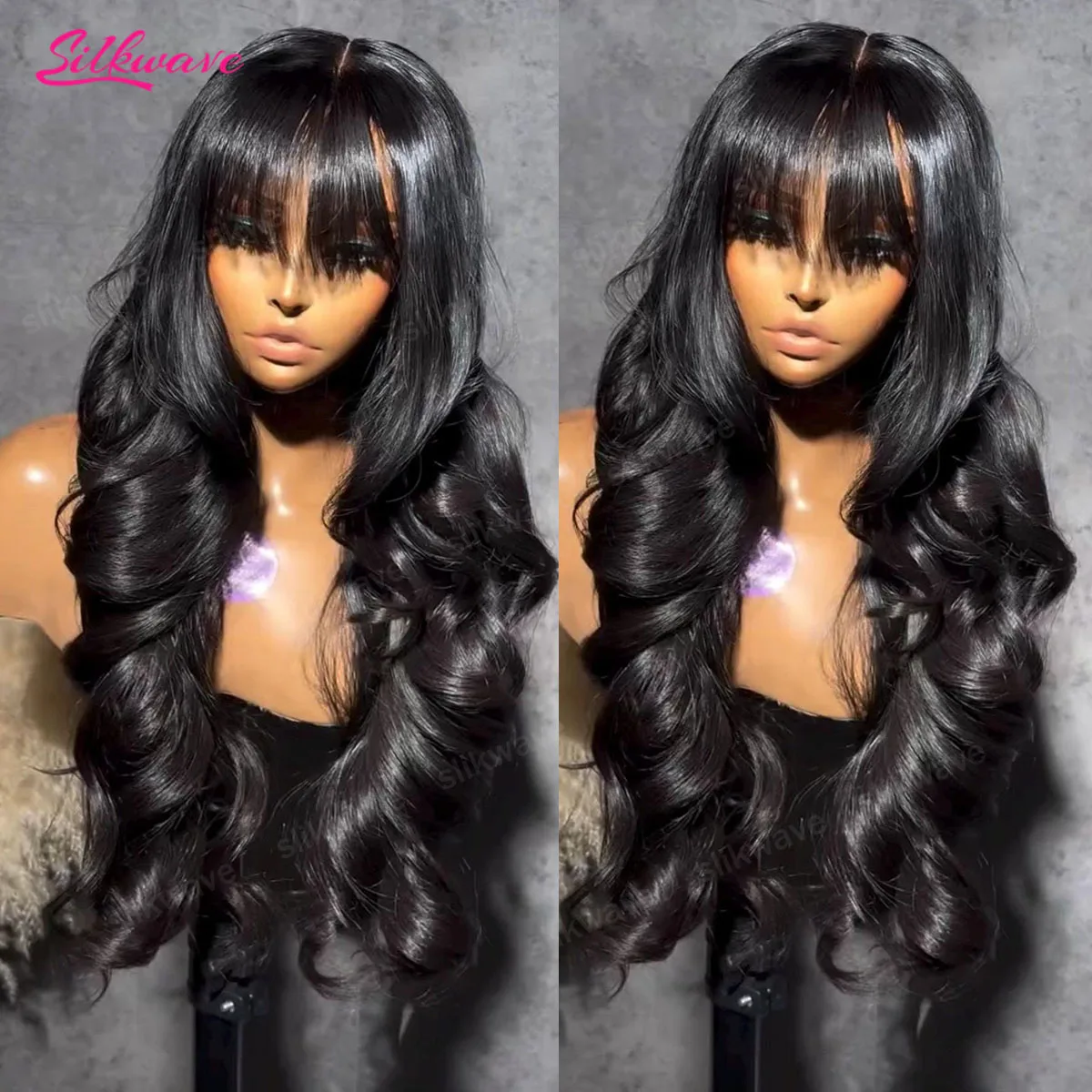 

Middle Part Body Wave Human Hair Wig With Bangs For Black Women 3x1 Lace Wigs 200 Density Brazilian 30 34 Inch Wigs For Women