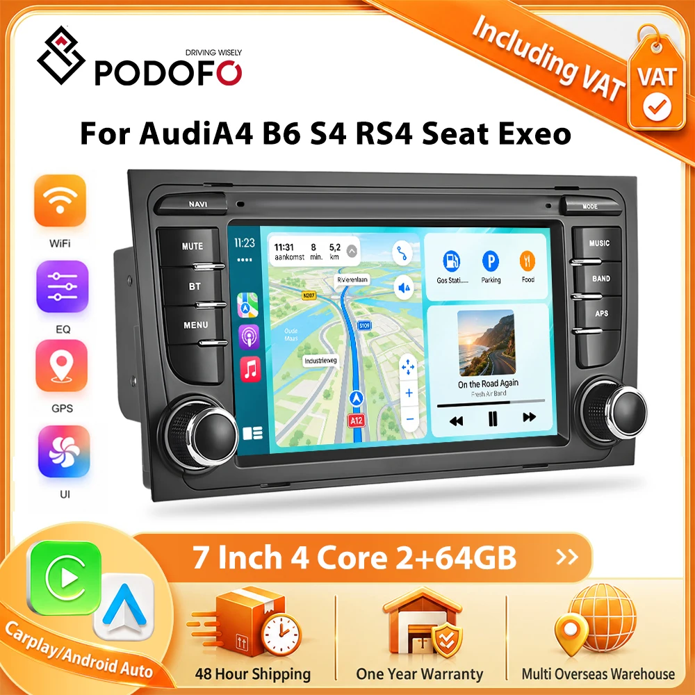 Podofo 7 inch Wireless Carplay Android Auto Radio For AudiA4 B6 S4 RS4 Seat Exeo Car Intelligent Systems GPS Navigation BT FM/RDS 2din Autoradio Plug&Play Head Unit SWC Car Multimedia Stereo Wifi