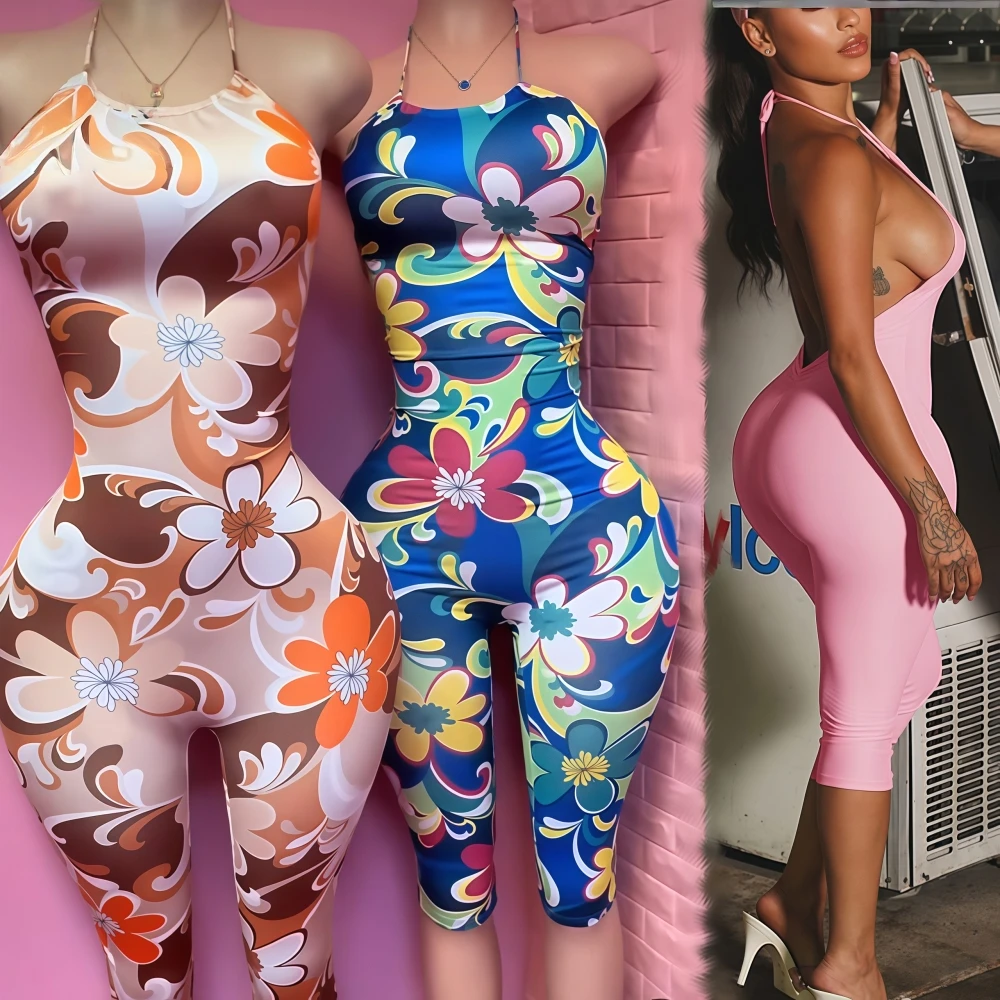 

FAGADOER Y2k Sexy Flower Print Bodycon Jumpsuits Women Halter Backless Skinny One Piece Rompers Female Streetwear Overalls New