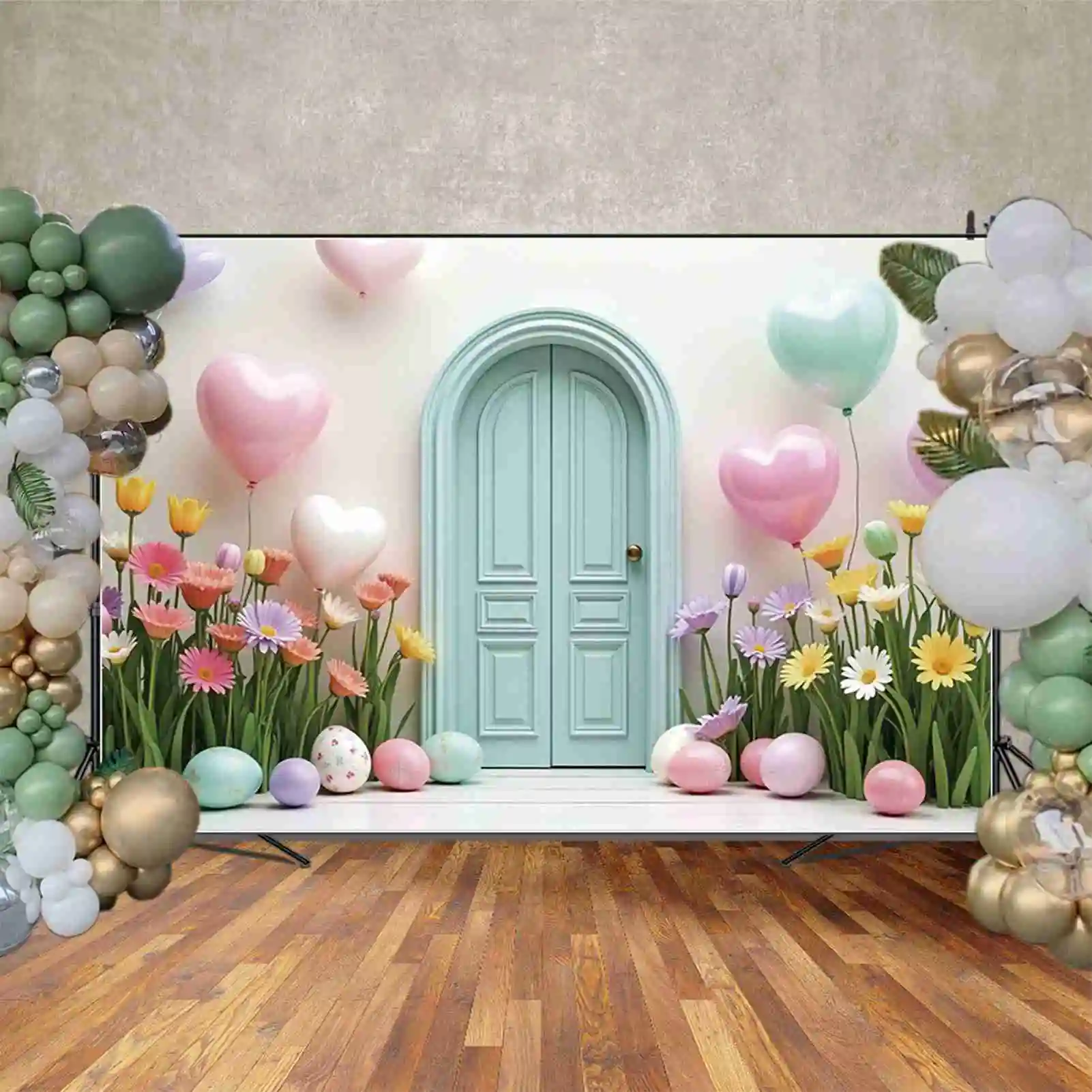 MOON.QG 2025 Easter Flowers Arch Heart Balloons Backdrop Rabbit Bunny Background Party Photography Studio Shooting Decorations