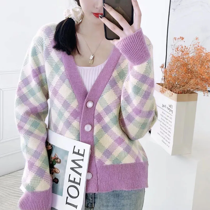 Zoki Women V Neck Sweet Cardigan Fall Loose Patchwork Long Sleeve Knitted Coats Vintage Casual Korean Female Elegant Cardigan