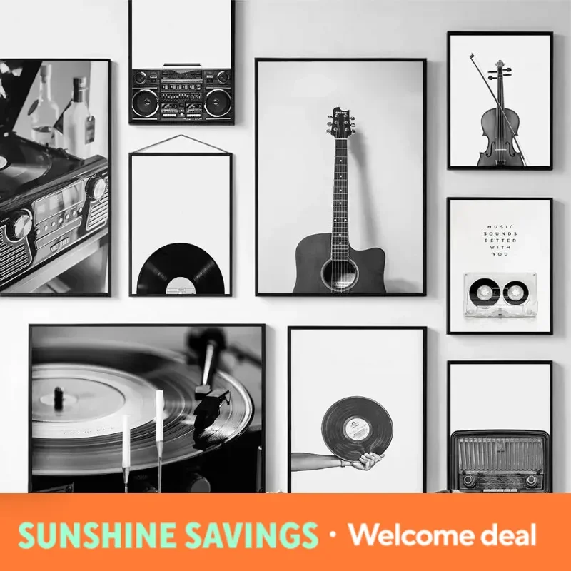 Black and White Music Prints Retro Vinyl Record Guitar Poster Wall Art Canvas Painting Nordic Picture for Living Room Home De