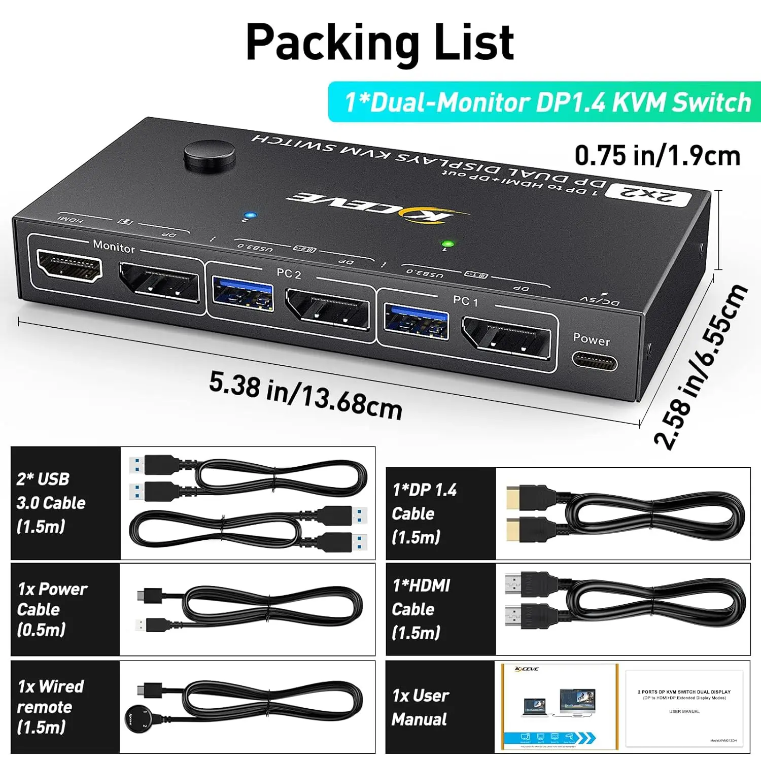 KCEVE Dual Monitor DP 1.4 KVM Switch 4K@60Hz for 2 Computers DP1.4 KVM Switch 2 in 2 Out Backnward Compatible DP1.2 with DP+UBS