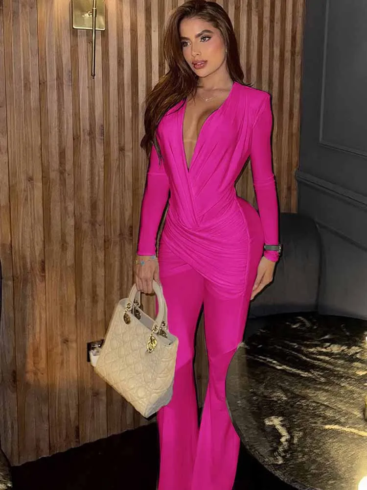 

MCDV Cross Ruched Sexy Deep V-Neck Jumpsuit Women Classic Solid Long Sleeve Bodycon Flare Pants Rompers Elegant Street Overalls