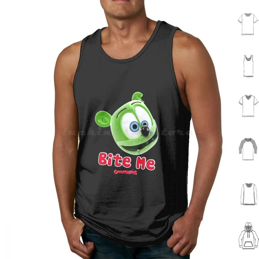 Bite Me Tank Tops Print Cotton Gummy Bear Green Character Cartoon Candy Humor Youtube Gummibear Gummybear Animated Film