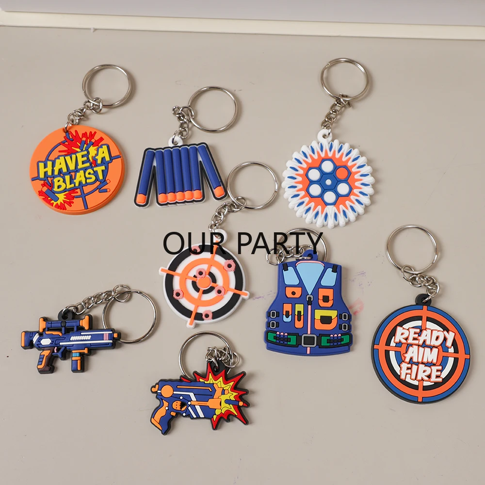 8Pcs Shooting Darts Theme PVC Keychain Ready Aim Fire Backpack Pendant for Boy Birthday Party Favors Goodie Bag Pinata Fillers