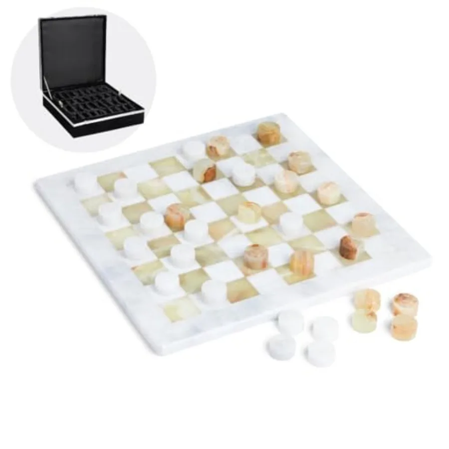 

Мраморная доска премиум-класса с мраморными деталями. Роскошный набор из 13-мяровых шашек ручной работы с бархатной подарочной коробкой. Зеленый оникс и белый.