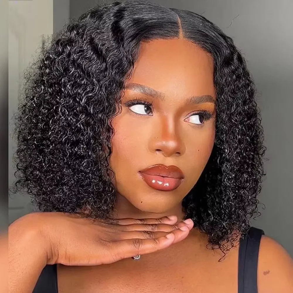 Natürliches schwarzes lockiges Echthaar 8-14 Zoll Kurze Bob Lockenperücken 13x4 HD Transparente Lace Frontal Perücke für Frauen – Detail 1