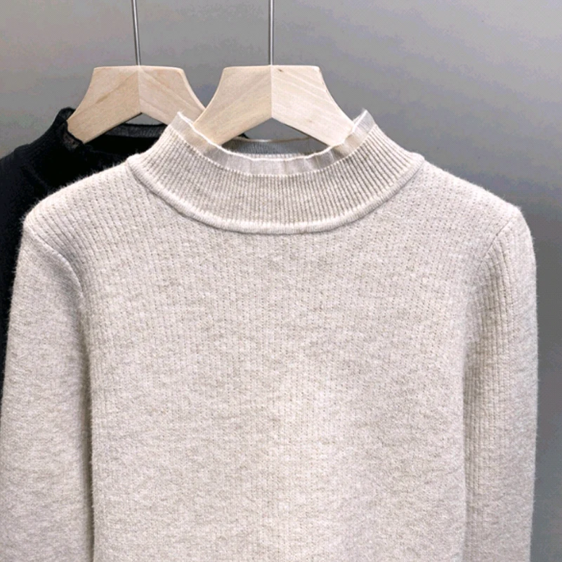 أنيقة عادية وهمية الرقبة قاعدة سترة شتاء دافئ المرأة طويلة الأكمام محبوك بلوفر ملون الخريف موضة تريكو 15