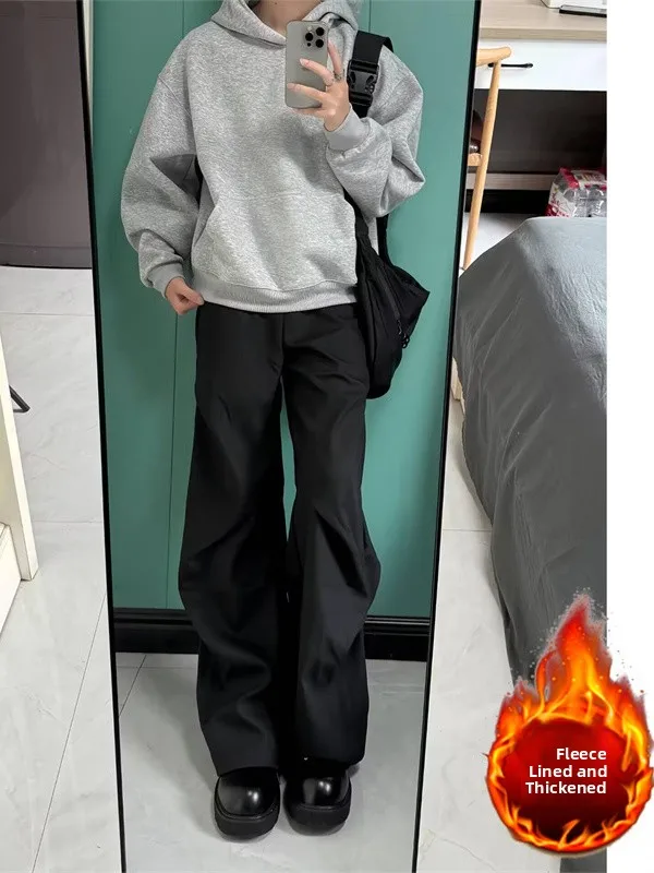 

Bla Fce Lined Flared Casual Men's Pants Autumn Winter Leisure Suit Trousers Drapey High End Pleated American Sle