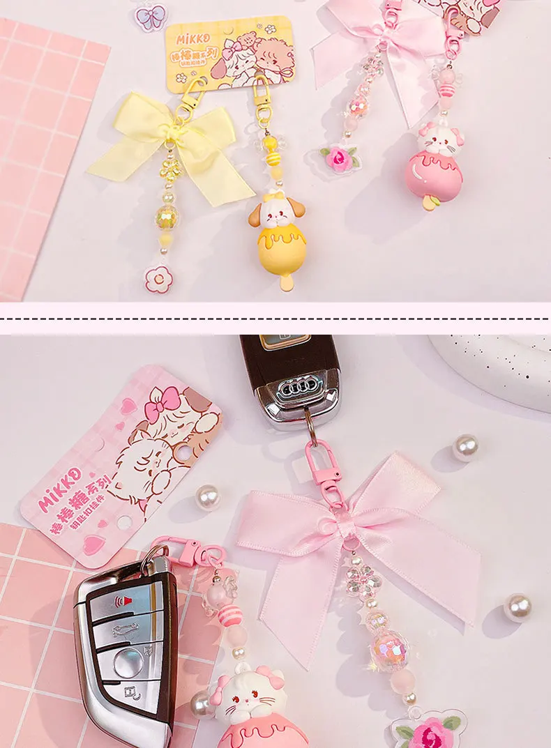 Cartoon Mikko Lutscher Perlen Schlüsselanhänger Kawaii Candy Farbe Kaninchen Katze Tier Rucksack Telefon Zarter Anhänger Schlüsselanhänger für Frauen Mädchen – Detail 6