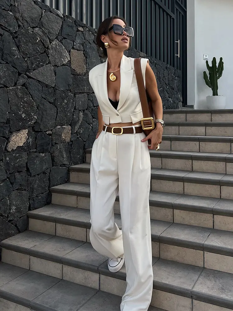 

HH TRAF 2024 Summer Women Fashion Trousers Suits V Neck Short Vest Top + High Waist Vintage Streetwear Female Wide Leg Long Pant