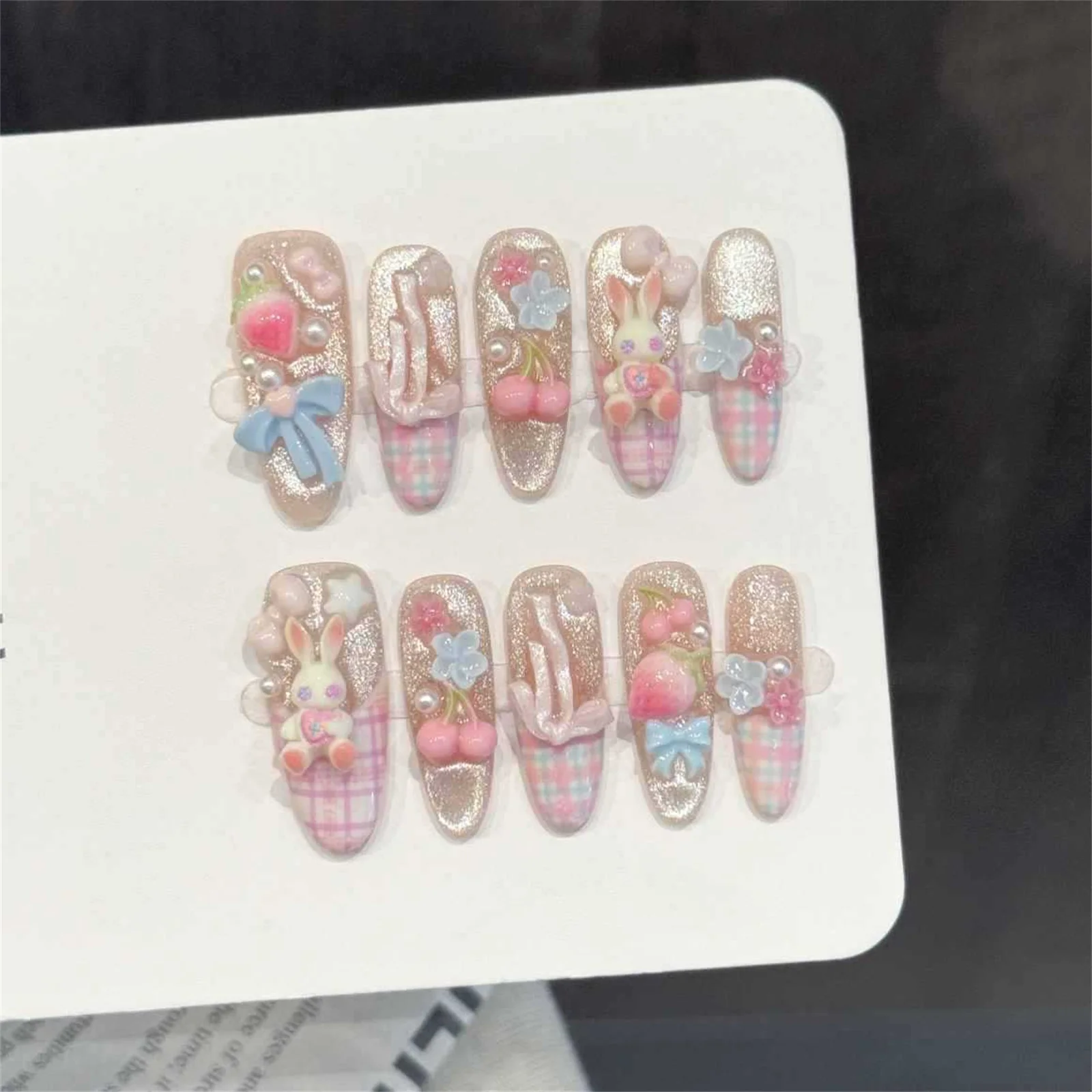 10pcs Handmade Long Oval Press On Nails Cute Rabbit Berry Ribbon Decor Japanese Fake Nails Korean Sweet Kawaii False Nail Tips