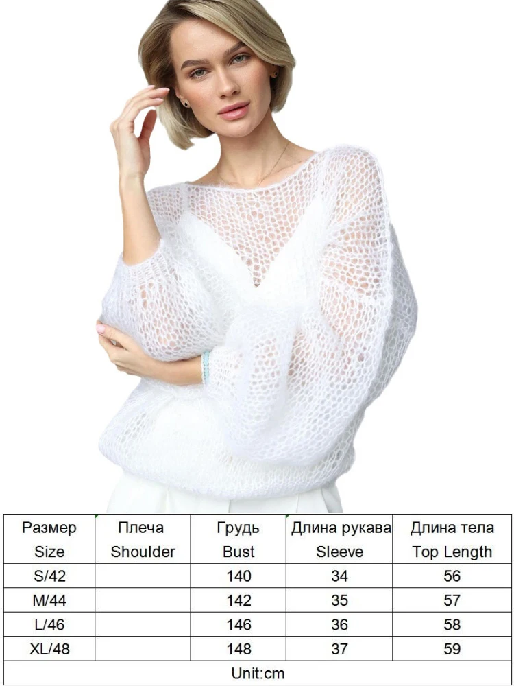 TYHRU Women\'s Knitted Sweaters Lady Hollow out Mesh Thin Pullover See Through Look Lantern Sleeve Loose Tops Smock