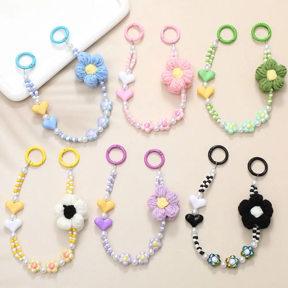 Phone Holder Crochet Flower Phone Chain Anti-Lost Keychain Colorful Beaded Lanyard Wrist Strap Acrylic Heart Case Chain