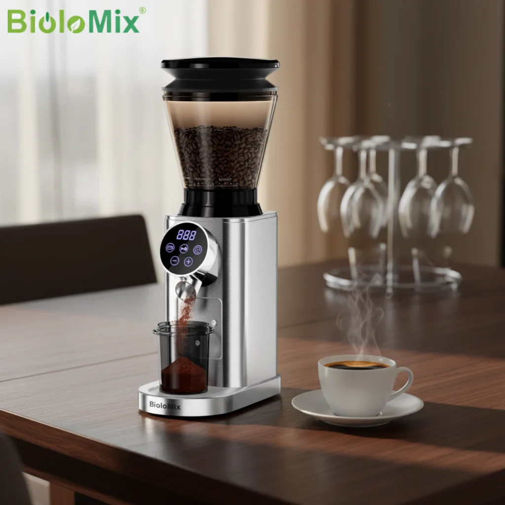 BioloMix Electric Coffee Grinder Professional Conical Burr Digital Control Stainless Steel 300W 300g