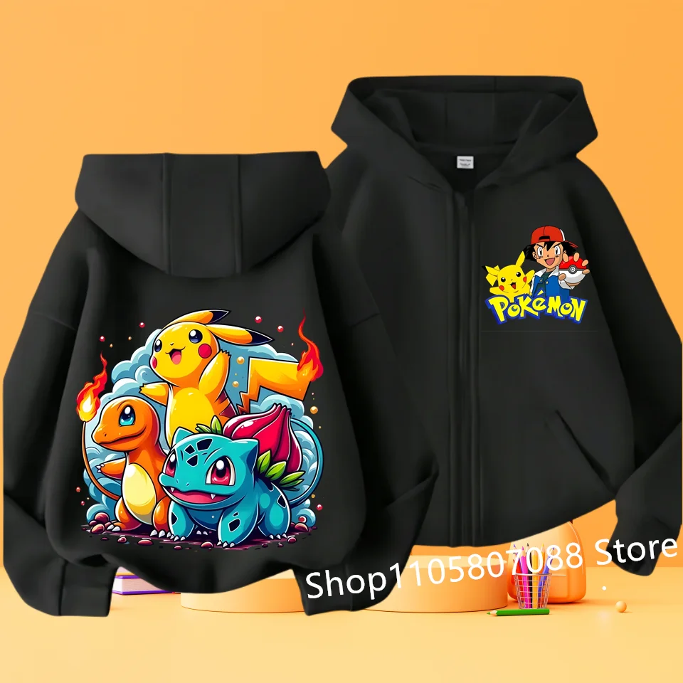 Kids Zip Up Hooded Jacket With Pikachu Anime Print, Fashion Hip Hop Streetwear Zipper Sweatshirt, Casual Outerwear For Children