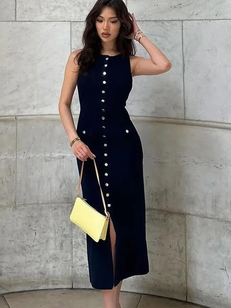 HH – Robe longue tricotée pour femmes, élégante, Slim, col rond, sans manches, simple boutonnage, fausses poches, mode bureau, 2024