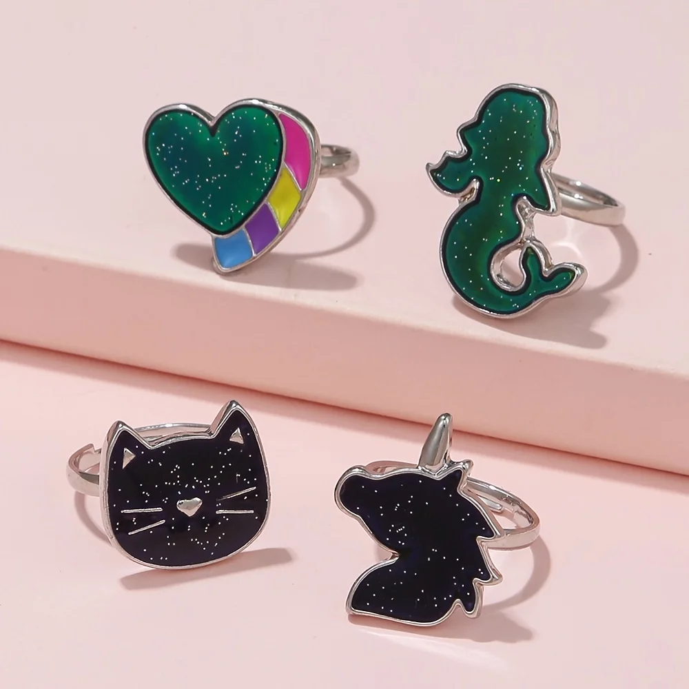 4Pcs/set Girls Mood Colour Changing Unicorn Mermaid Cat Love Ring Set for Daughter Sisters Best Friend Gifts