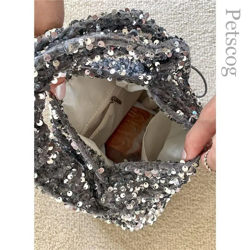 Sequin Pleated Party Handbags For Women 2023 Designer Luxury Underarm Hobo Soft Purses Y2k Dinner Prom Shoulder Bags