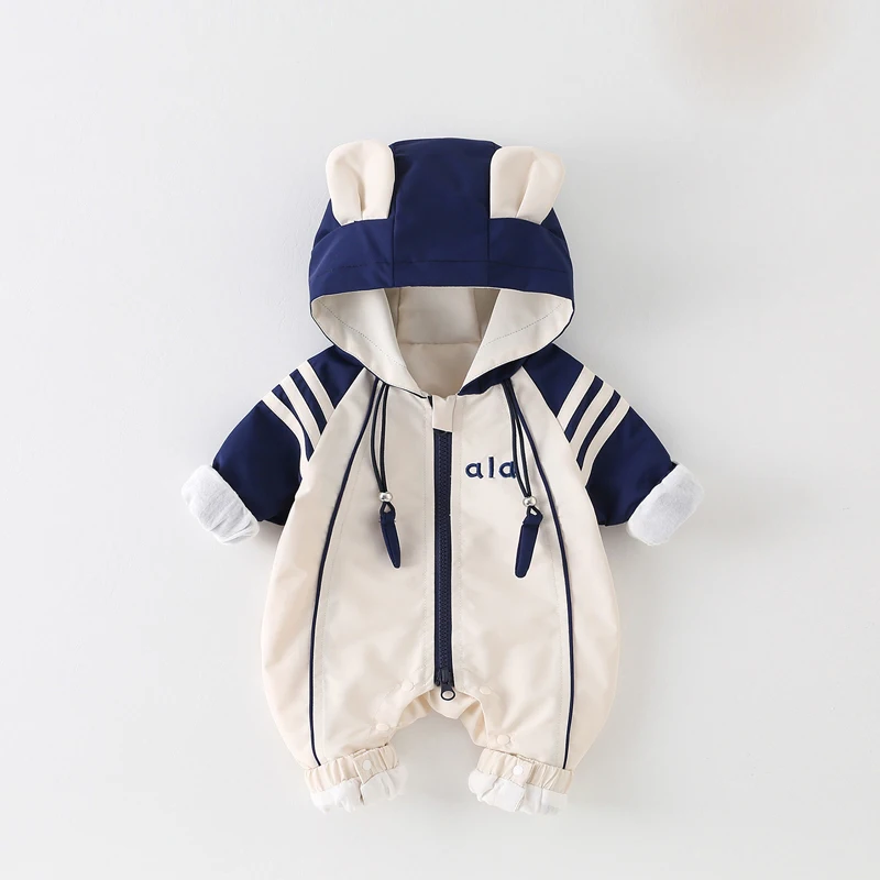IYEAL Baby Bear Ear Hooded Romper Color Block Striped Long Sleeve Zipper Infant Jumpsuit Newborn Windproof Spring Autumn Romper