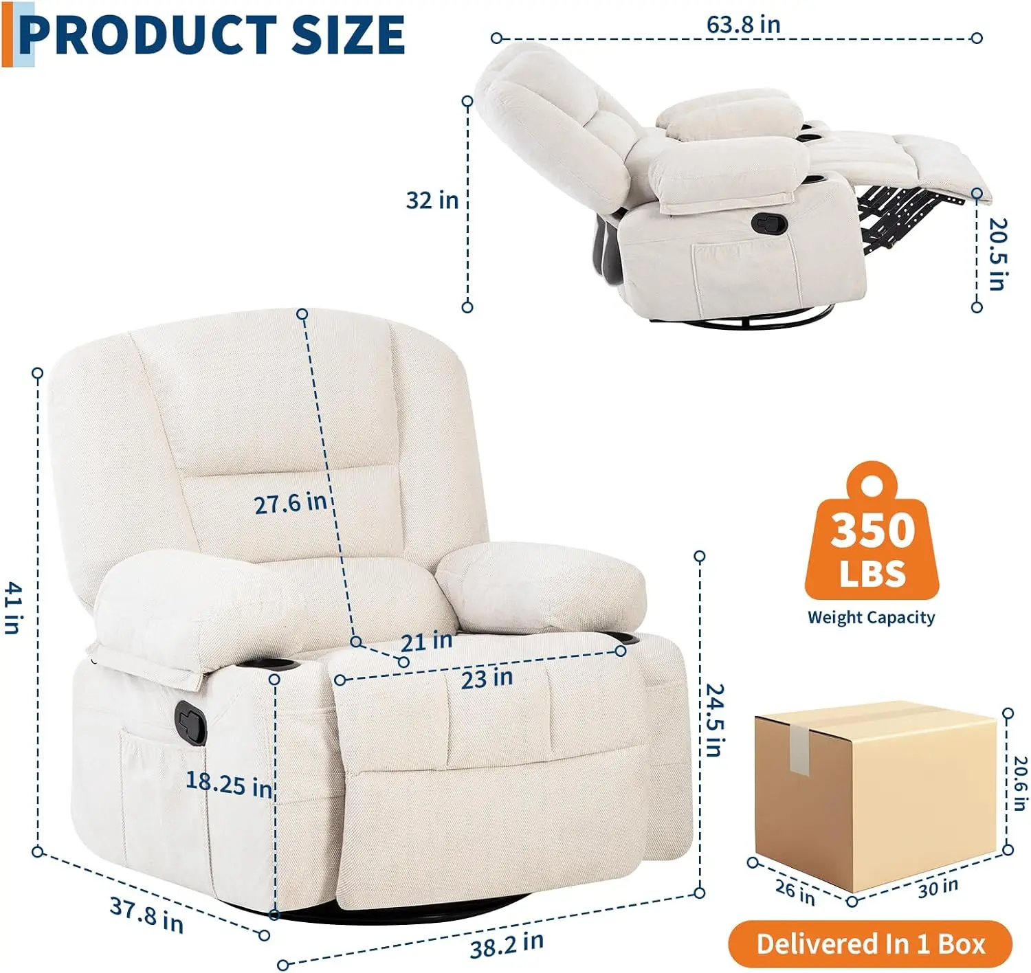 Oversized Recliner Chair, Massage Rocker, 360 Swivel, Heat, USB 350 LB Capacity, 8-Point Vibration, Lumbar Heat, 145° Recline, 2 Cup Holders, USB Port, Side Pocket And Retractable Footrest