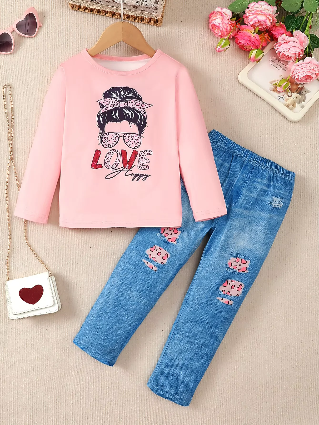 Girls Autumn Long Sleeve 2-Piece Outfit, Pink Crew Neck Top with Girl Portrait LOVE Print, Cute and Stylish, Matched with Faux D