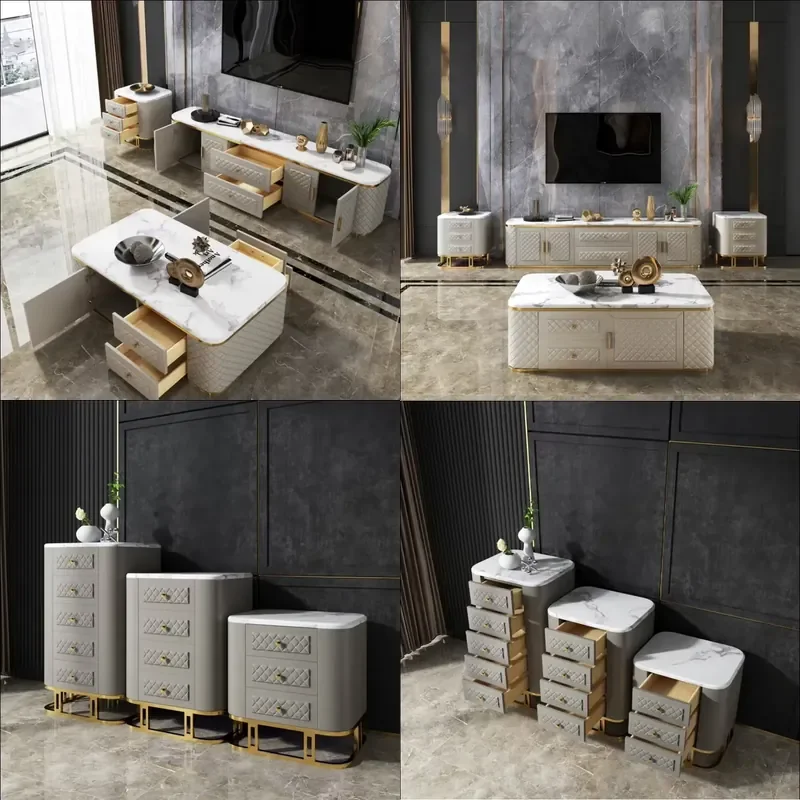Modern 3-Drawer Cabinet with Leather Finish and Marble Top for Home Living Room Furniture Small Corner Side Table Beside TV