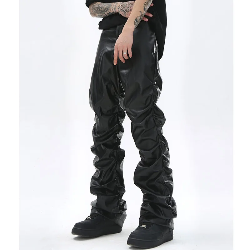 

Hip Hop Mens Pleated Pu Leather Pants Harajuku Retro Streetwear Loose Ruched Casual Trousers Straight Solid Color Black Pants