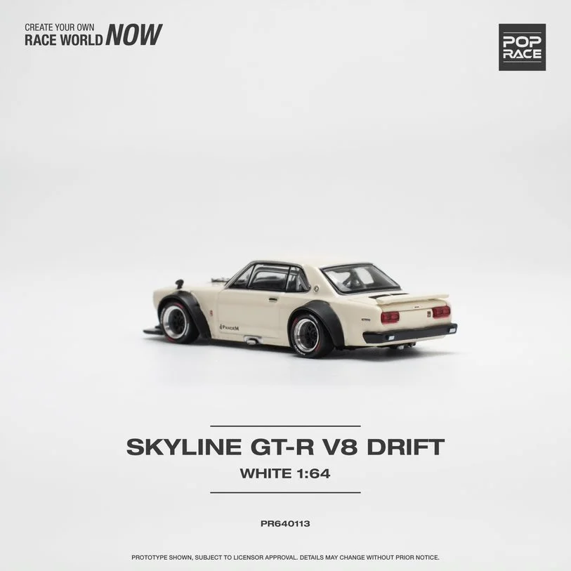 Pop Race In Stock 1:64 Skyline GTR KPGC10 Hakosuka V8 Drift White Openable Hood Diecast Diorama Car Model