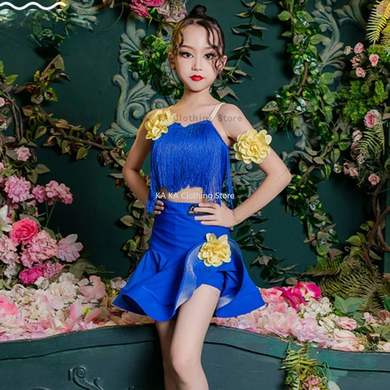 Child Samba Tango Latin Dance Dress Girls Cha Cha Ballroom Dance Costume Fringe Latin Dress Kids Competition Dress Practice Wear