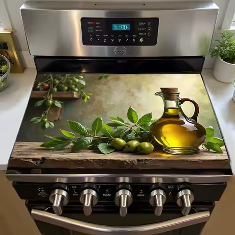 Olive Oil Green Olives Stove Top Cover, Non-Slip Heat Resistant Burner Mat,Easy Clean Kitchen Stove Decor for Electric Gas Stove