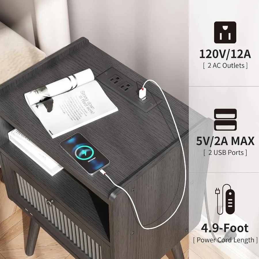 Comodino moderno della metà del secolo con stazione di ricarica e porta in vetro per camera da letto e soggiorno Tavolino portaoggetti a due livelli con