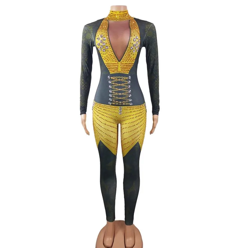 

Блестящий комбинезон с принтом и стразами для женщин, наряд для дня рождения, вечеринки, клуба, сценический костюм для певицы, сияющий леотард