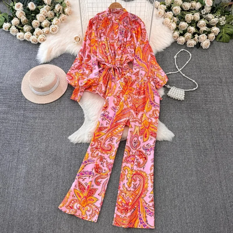 Fashionn Long Sleeve Loose Print Shirts Women+ High Waist Straight Wide Leg Pants  Summer New Two Piece Sets