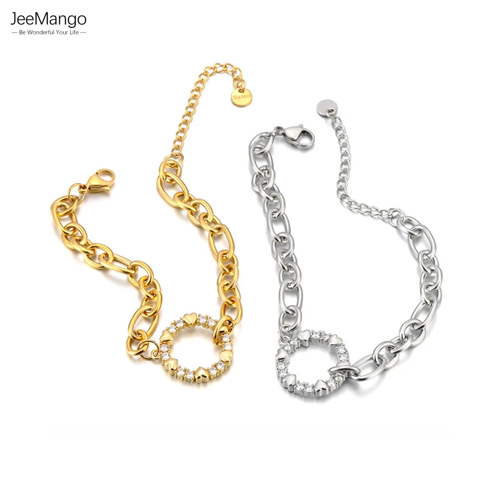 JeeMango Trendy Edelstahl Zirkonia Liebe Herz Kreis Charm Armband für Frauen Goldene Kubanischen Kette Wasserdicht Schmuck B25084