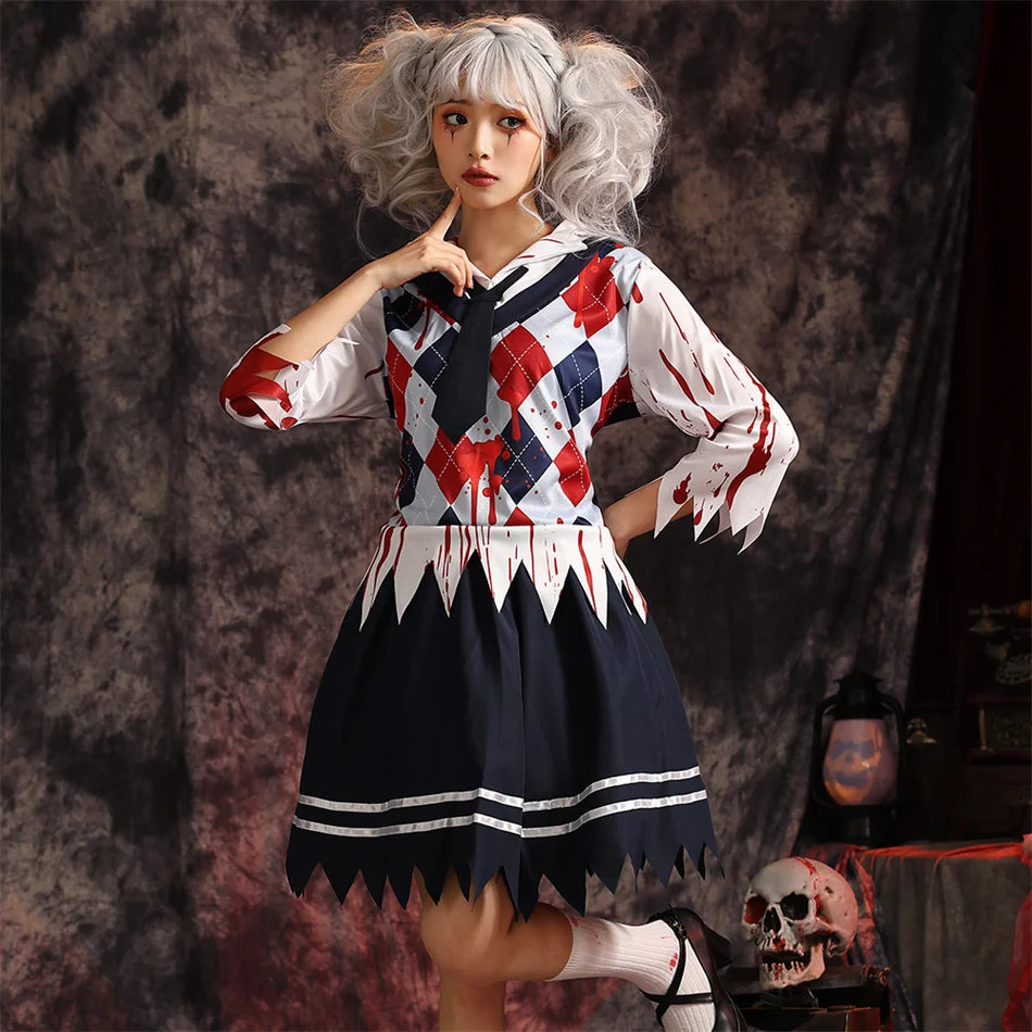 Stroje na Halloween dla dziewczyn, maskarada, przebranie zombie dla dorosłych, sukienka z efektem krwi, strój uczennicy, top i spódnica, zestaw ubrań dla dzieci na występy.