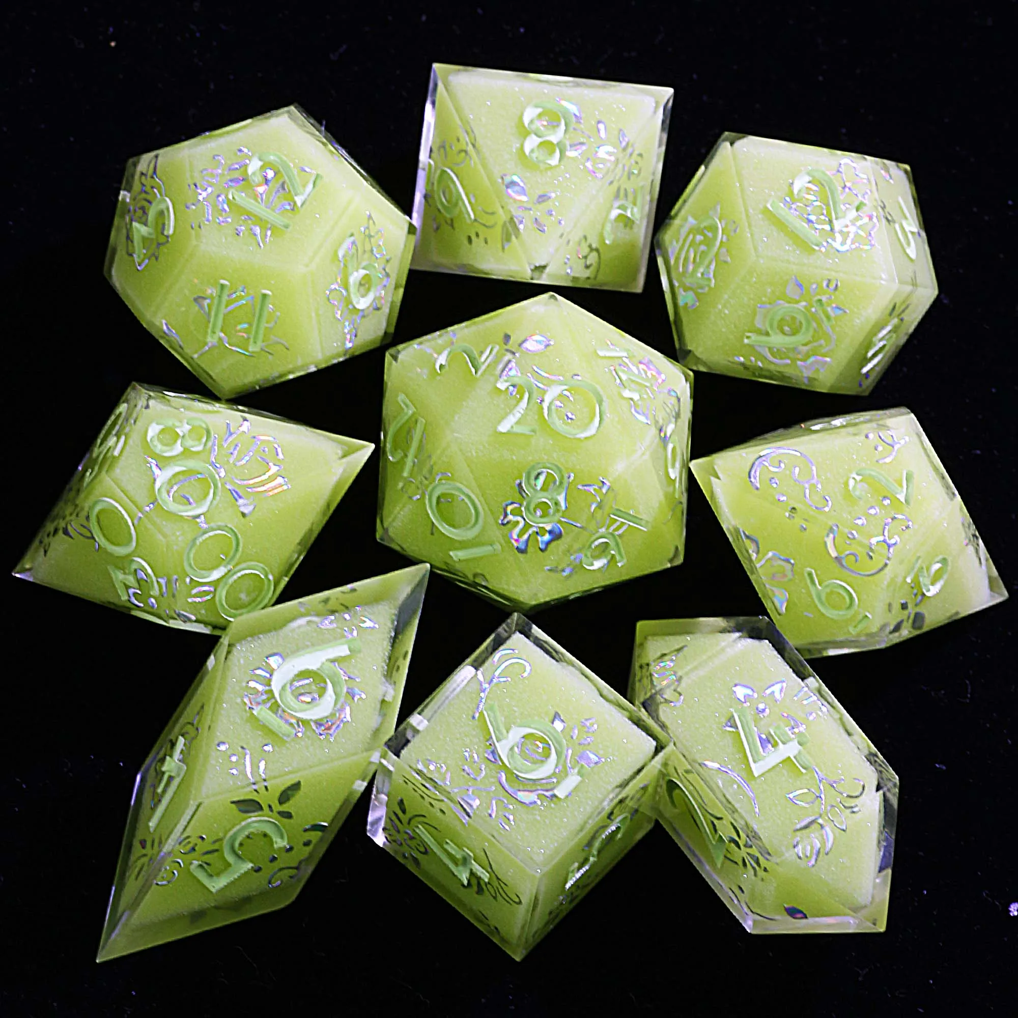 9 Polyhedral Resin Dice DD Sets Verdant Silverbloom